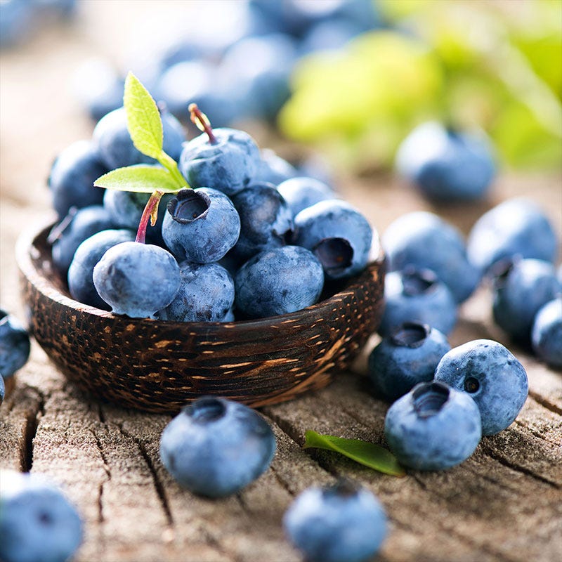 Freshly picked blueberries sit in a wooden spoon on a wood table